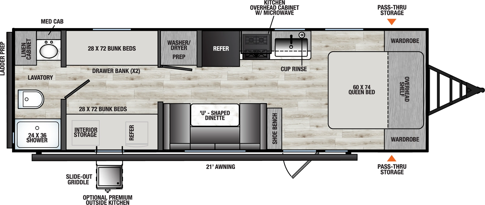 The Clipper Travel Trailers 25QBH floorplan has one entry and zero slide outs. Exterior features include: metal exterior, 21' awning and outside kitchen. Interiors features include: bunk beds, u-dinette, front bedroom and rear bathroom.